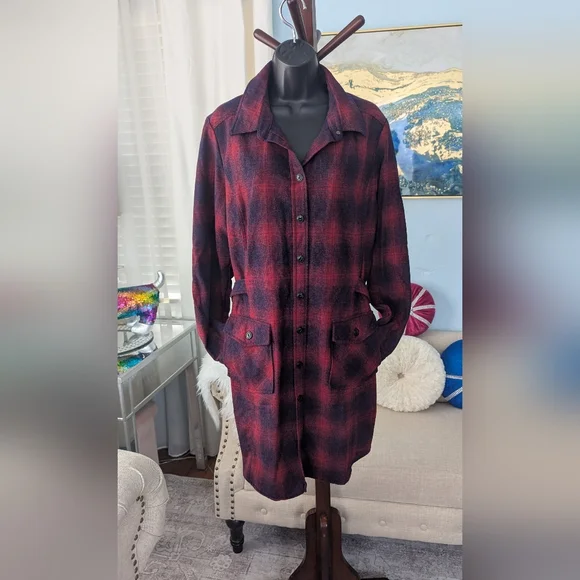 Vintage Pendleton Plaid 100% Virgin Wool Shirtdress Long Sleeve Made In USA XL - Picture 4 of 15